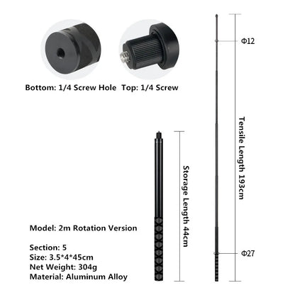 Measurement chart of a black telescopic rod with specifications on a white background