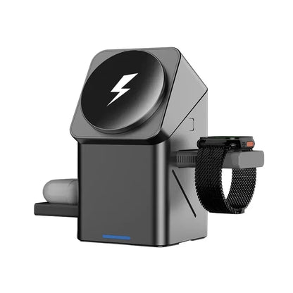 Black charging station with a smartwatch attached on a white background