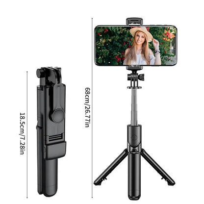Wireless black selfie stick with smartphone holder and measurement details on a white background
