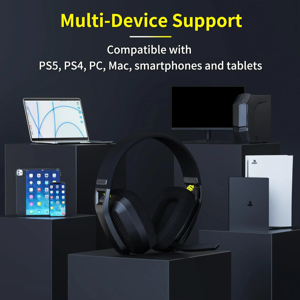 Black gaming headset on a dark background with electronic devices and text about multi-device support.