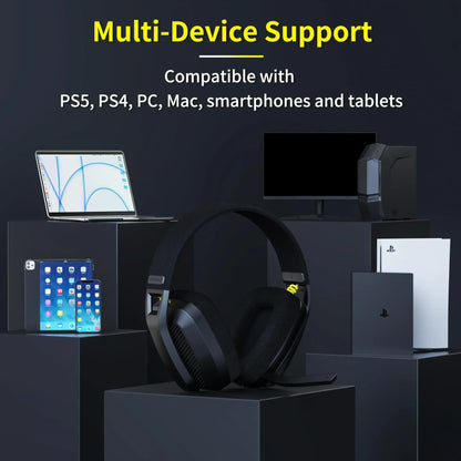 Black gaming headset on a dark background with electronic devices and text about multi-device support.