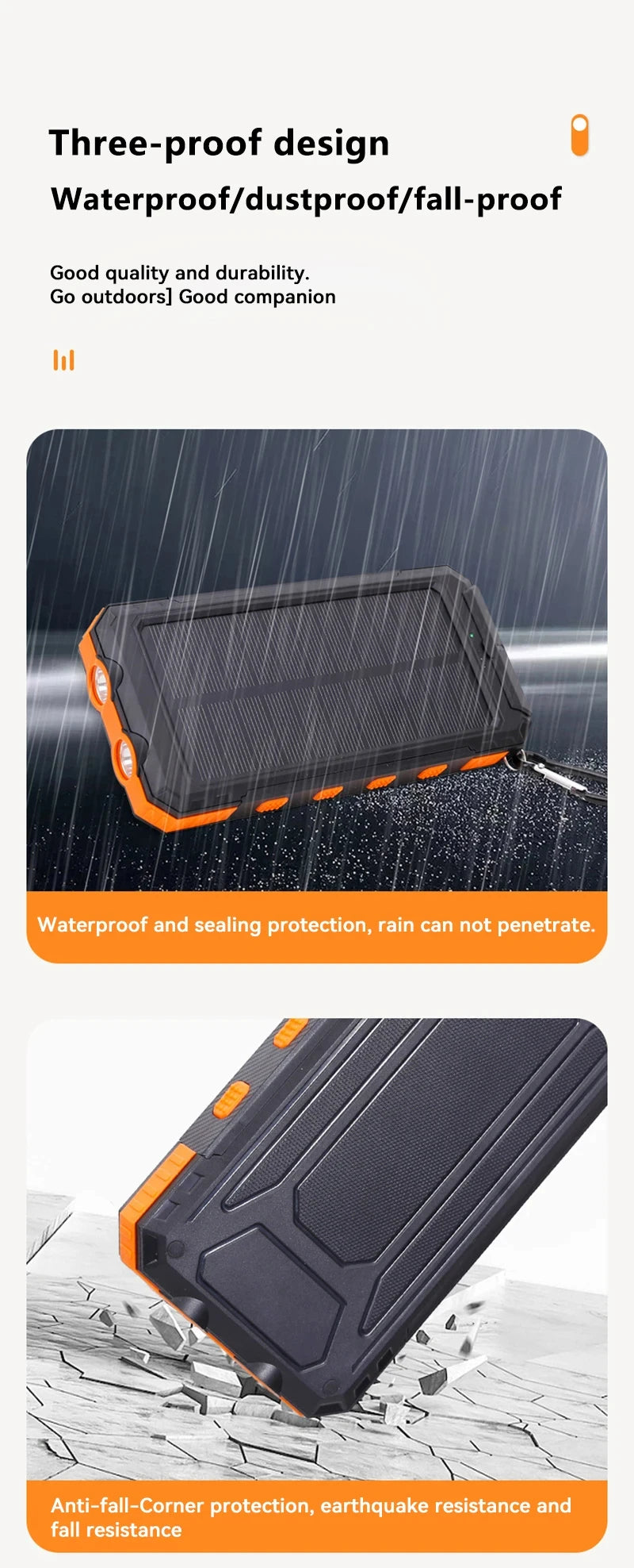 Portable power bank with waterproof and dustproof features, shown in rain and earthquake scenarios.