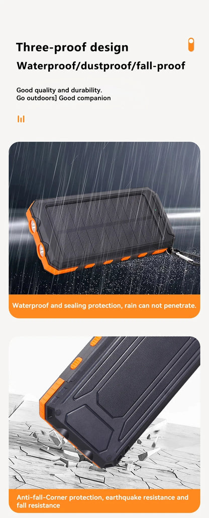 Portable power bank with waterproof and dustproof features, shown in rain and earthquake scenarios.