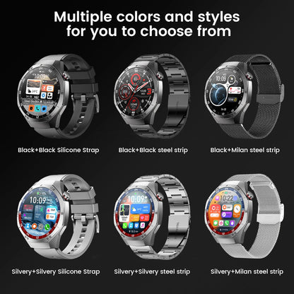 Various smartwatches with different strap options on a black background