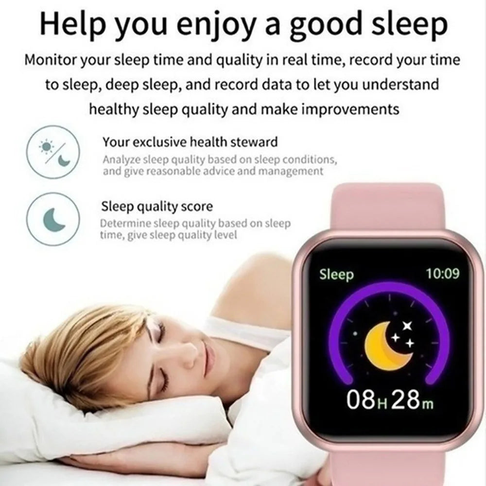 Smartwatch displaying sleep monitoring features with a woman sleeping in the background
