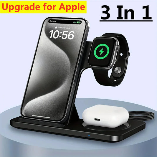 3-in-1 wireless charging station for Apple devices on a light blue background