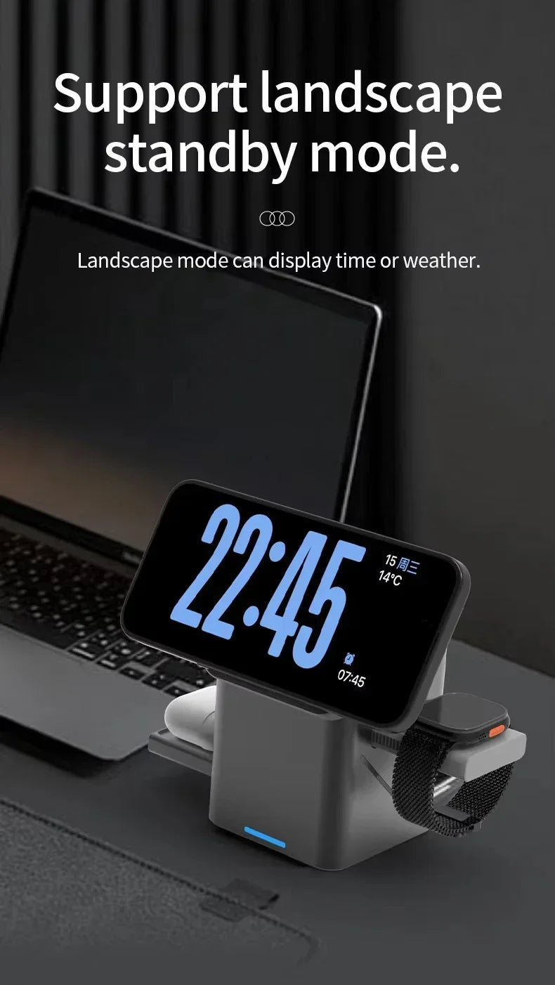 Smartphone with digital clock display on a stand next to a laptop, with text about landscape standby mode.