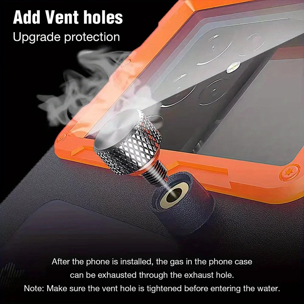 Phone case with vent hole being used to exhaust gas, on a black background.