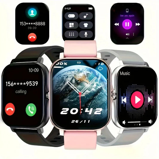 Smartwatch with various screen displays on a white background
