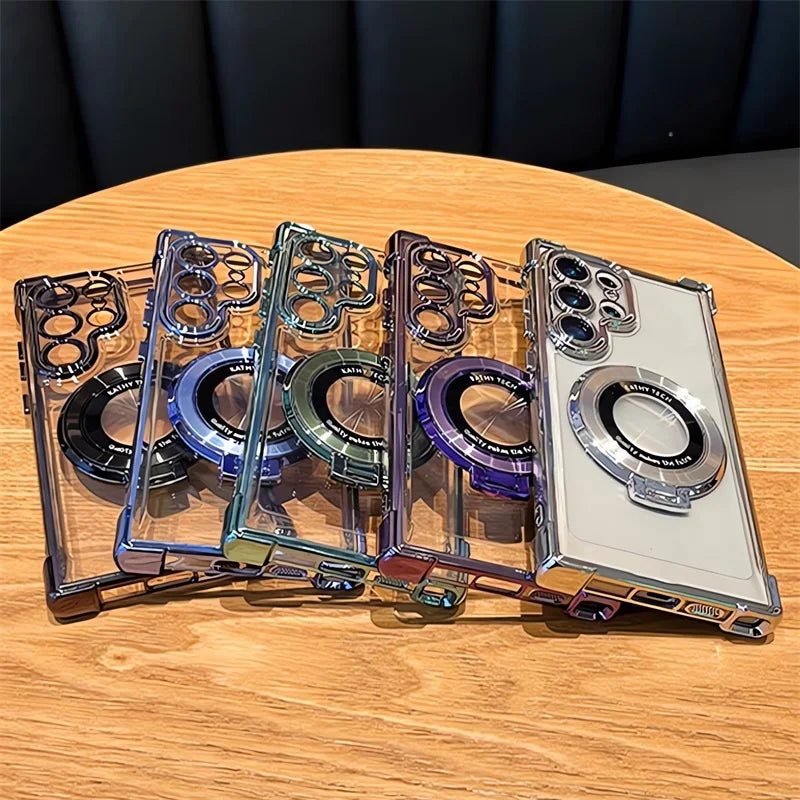 Set of clear phone cases with different designs on a wooden surface