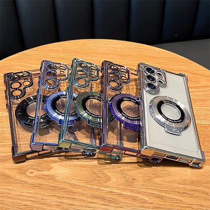 Set of clear phone cases with different designs on a wooden surface