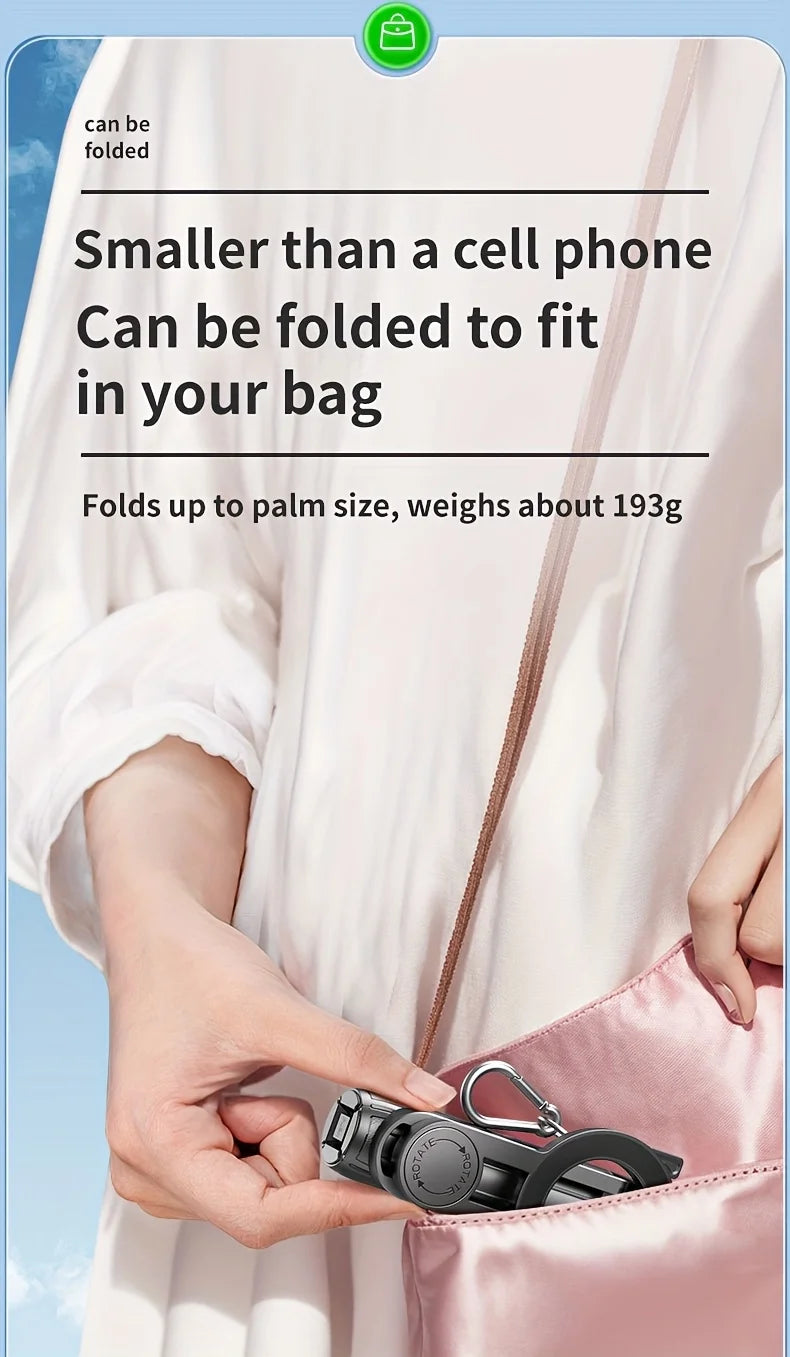 Small device being folded and placed in a bag with text about its size and weight.