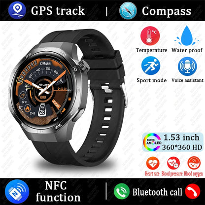 Smartwatch with features like GPS track, compass, temperature, waterproof, sport mode, voice assistant, NFC function, heart rate, blood pressure, and Bluetooth call on a white background.