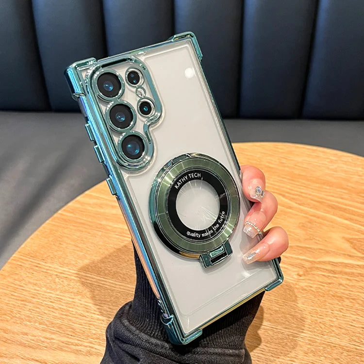 Person holding a phone with a clear case on a wooden table