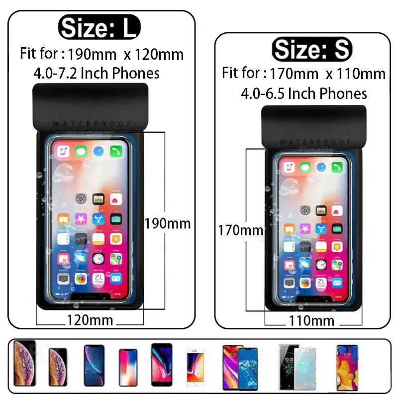 Two smartphone waterproof cases labeled size L and S, displaying phone models and dimensions
