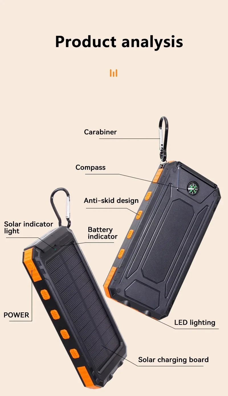 Black and orange power bank with labeled features on a beige background