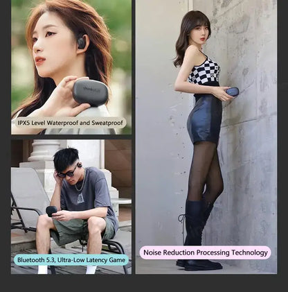 Collage of people using wireless earbuds with highlighted product features
