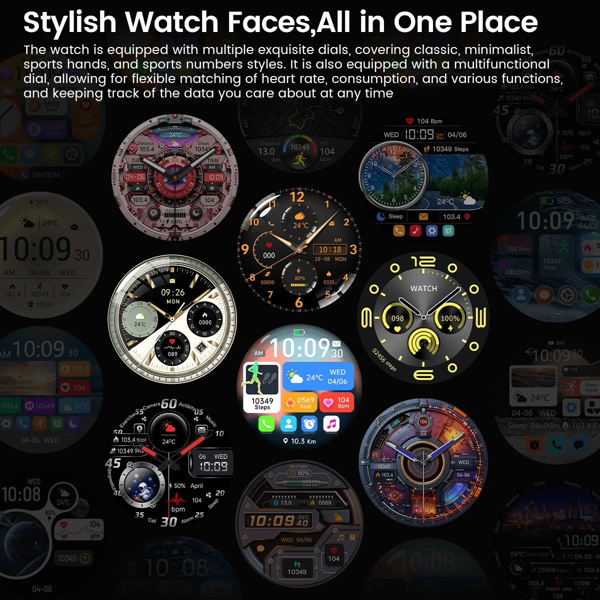 Various watch faces displayed on a dark background with text about the watch's features.