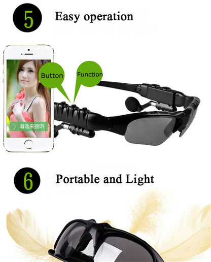 Sunglasses with Bluetooth functionality displayed on a white background