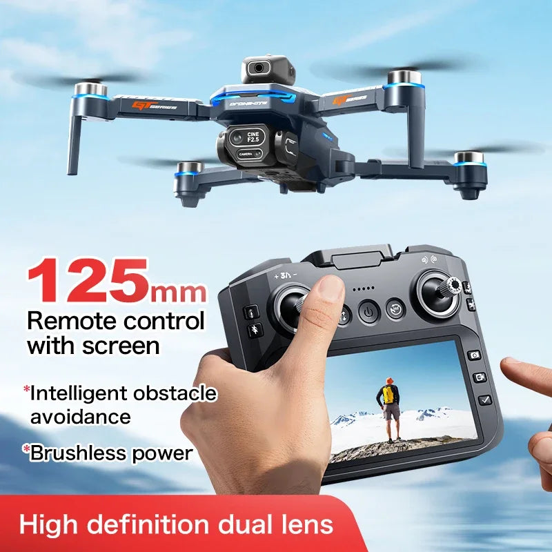 Drone with remote control and screen displaying a person in a snowy landscape, against a blue sky.