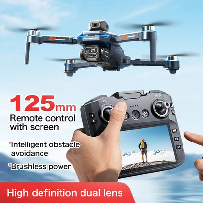 Drone with remote control and screen displaying a person in a snowy landscape, against a blue sky.