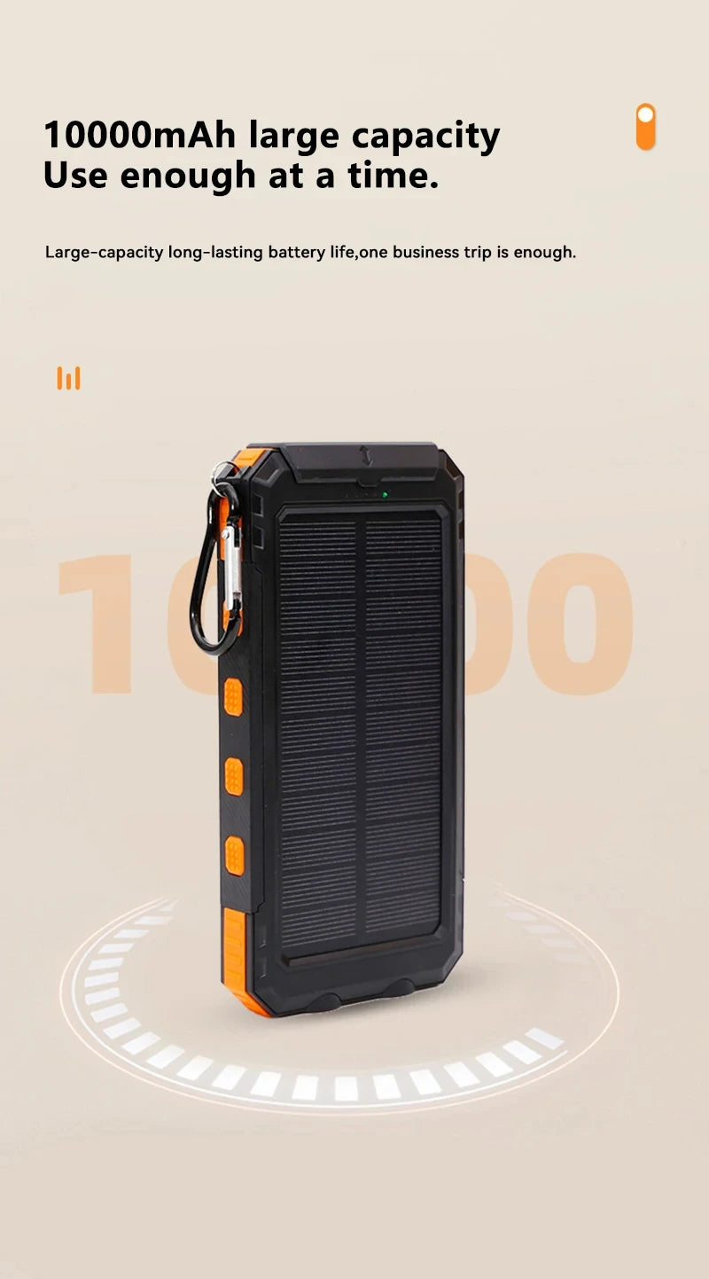 Solar-powered battery pack with 10000mAh capacity on a beige background