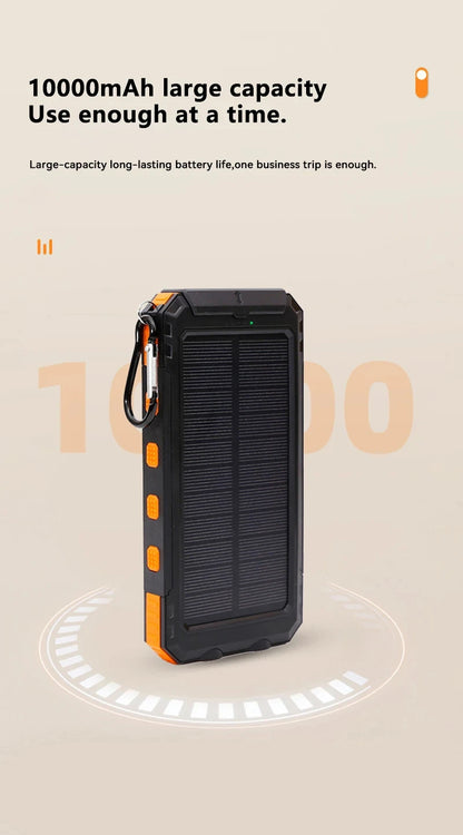 Solar-powered battery pack with 10000mAh capacity on a beige background