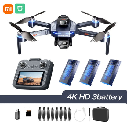 Drone with remote control, batteries, propellers, and carrying case on a white background