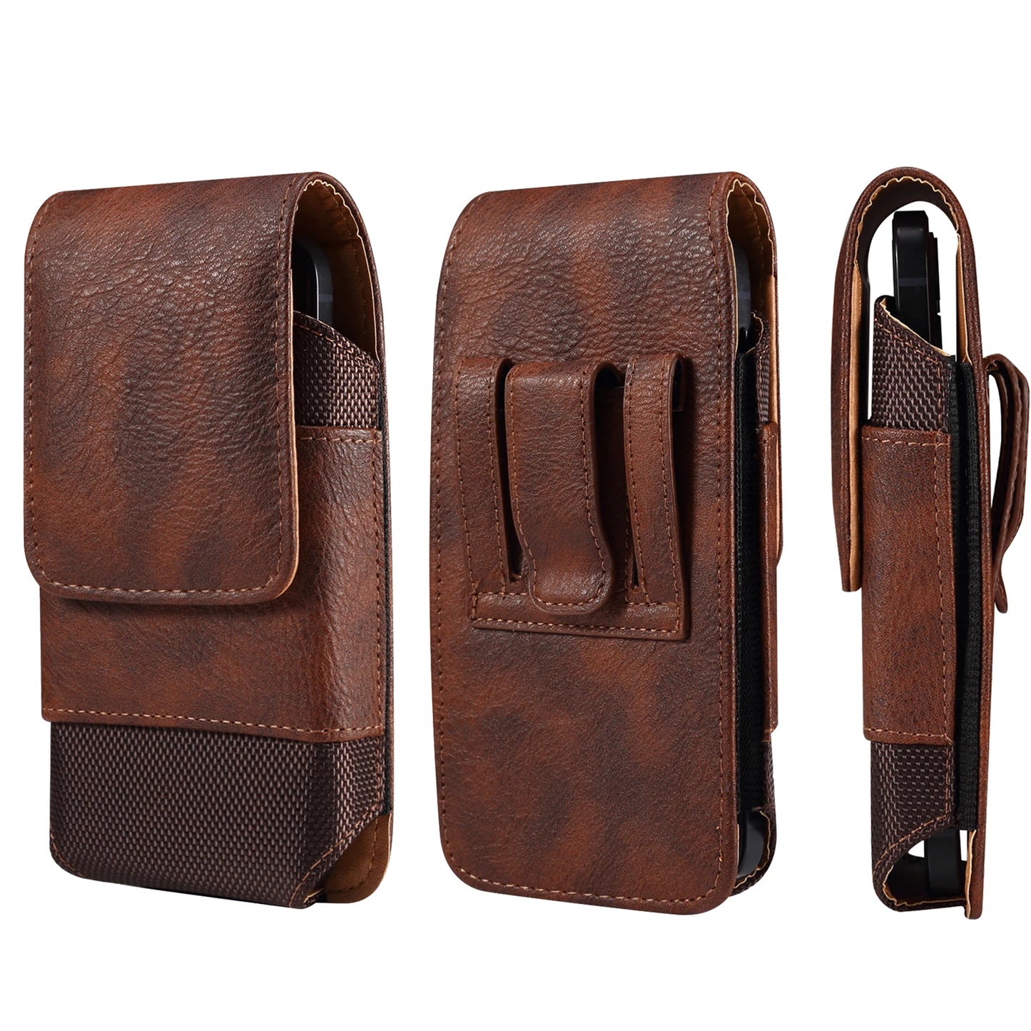 Brown leather phone case with a strap on a white background