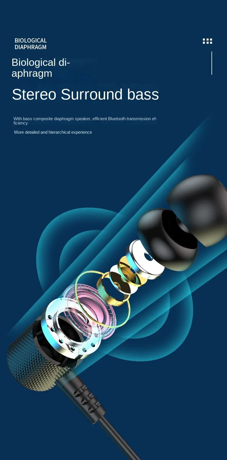Close-up of an earbud with a blue background and text about stereo surround bass.