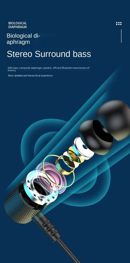 Close-up of an earbud with a blue background and text about stereo surround bass.