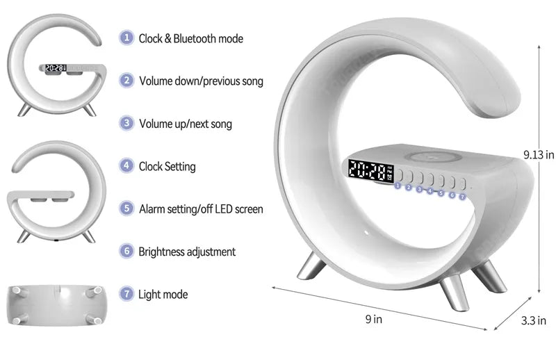 Multi Alarm Clock Wireless Charger Station | RGB Night Light Speaker