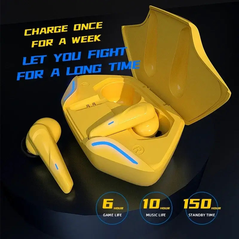 Yellow wireless earbuds with charging case displayed on a dark background with text and icons

