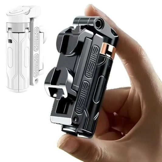 Black and silver multi-tool held in a hand with a white background