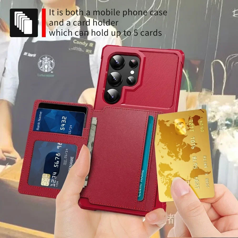Red phone case with card holder feature, showing cards inside and held by a person.
