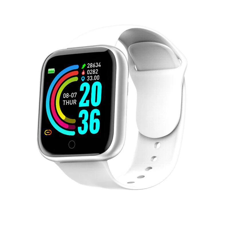 White smartwatch with a colorful display on a white background