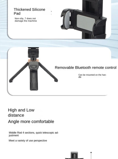 Phone holder with tripod and remote control features on a white background