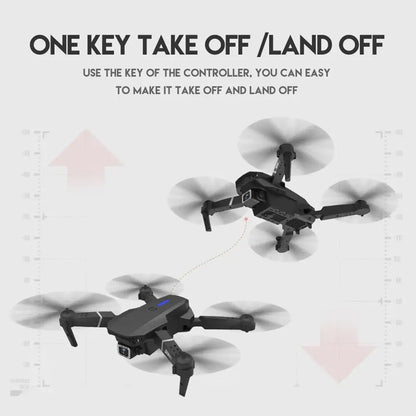 E88 Pro black drone with text highlighting one-key takeoff/landing feature on a light gray background
