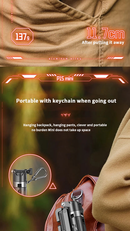 Product details of a compact device with keychain attachment, shown in use on a backpack.
