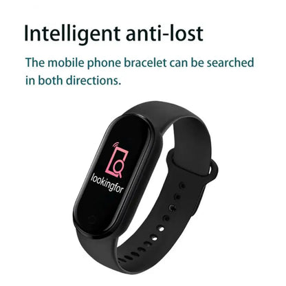 Black smartwatch with a screen displaying 'looking for' on a white background, labeled as an intelligent anti-lost device.
