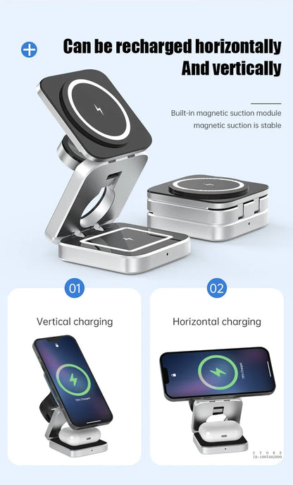 Wireless charging stand with vertical and horizontal charging capabilities on a light blue background.