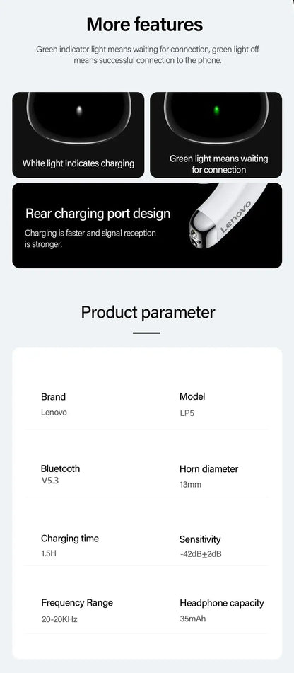 Product feature and parameter display with text and icons on a white background
