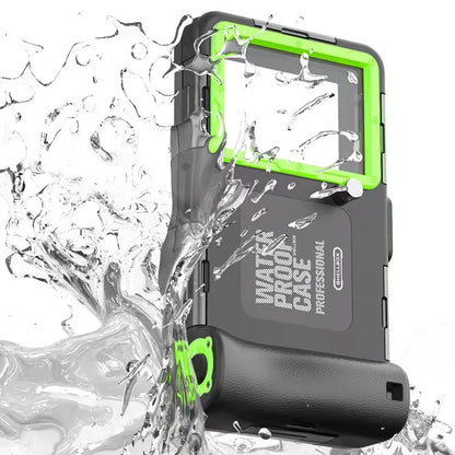 Waterproof phone case with green accents being splashed by water on a white background