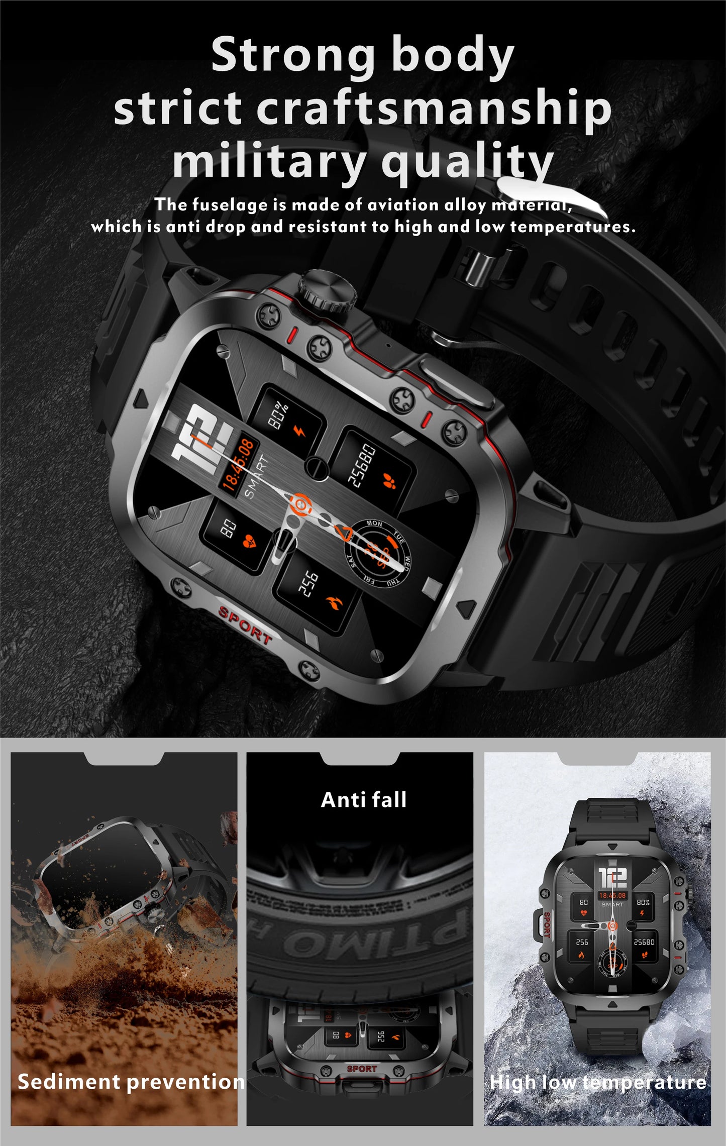Smartwatch with military quality features on a dark background