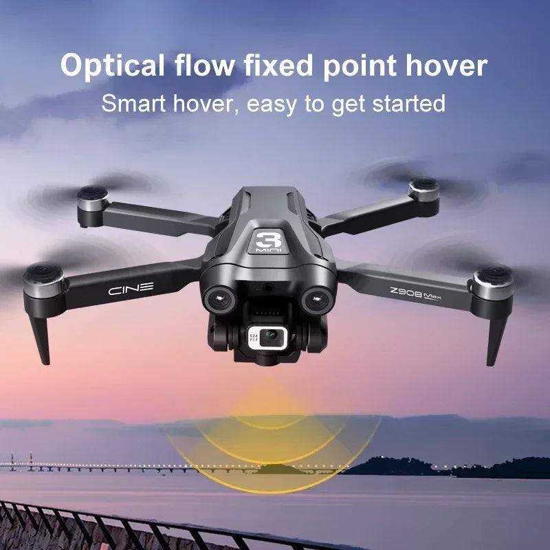 Drone with 'Optical flow fixed point hover' text against a scenic background