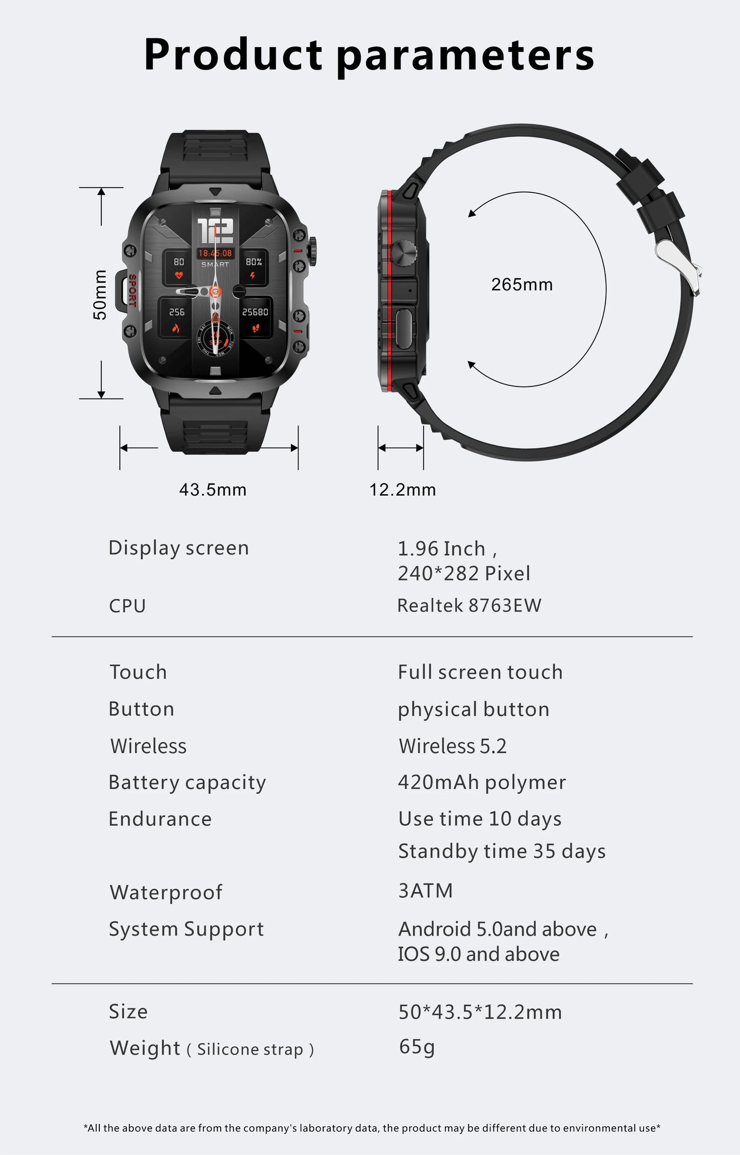 Product parameters of a smartwatch with dimensions and specifications listed.