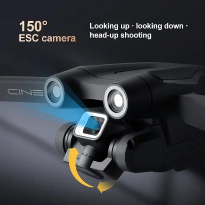 Camera with 150-degree field of view and features for looking up, down, and head-up shooting on a dark background.