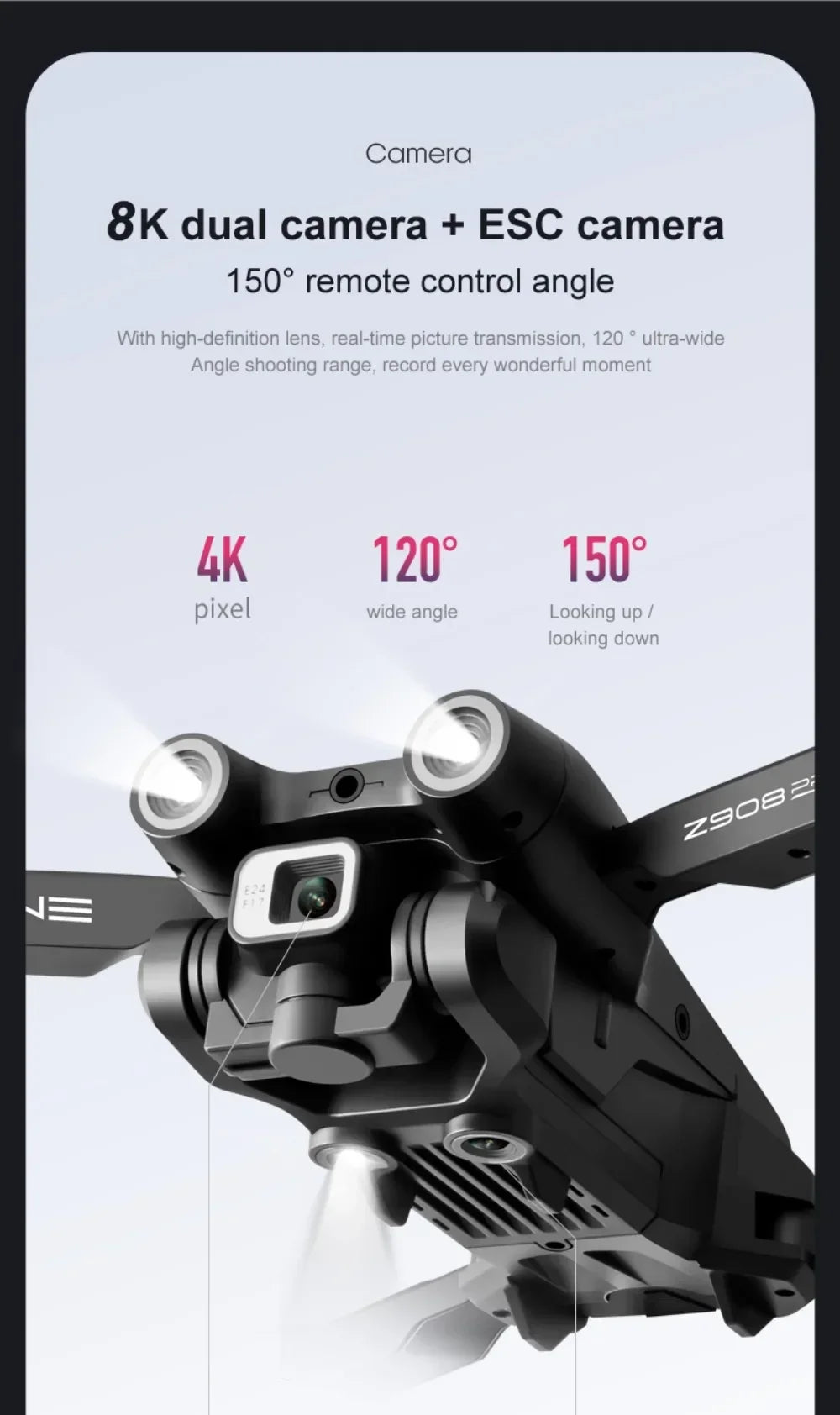 Camera module with dual cameras and ESC camera on a gray background
