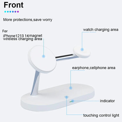 Diagram of a white charging stand with labeled features on a white background