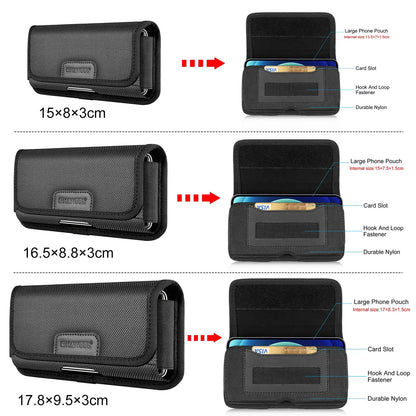 Black phone pouches in various sizes with labeled features and dimensions
